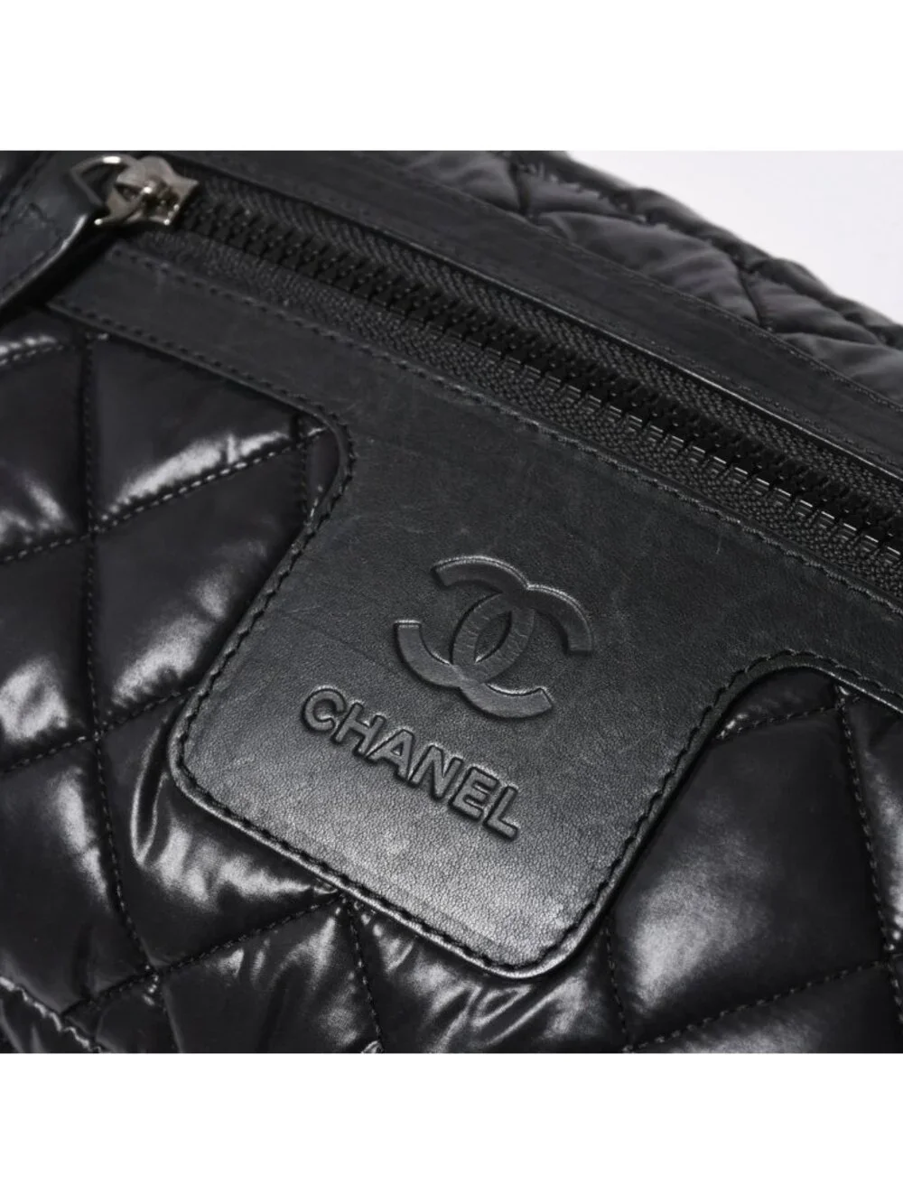 Chanel Coco Cocoon Clutch Black Nylon Calfskin Makeup Pouch Silver